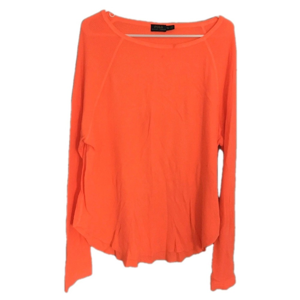 Polo Ralph Lauren Shirt Womens XL Neon Orange Waffle Knit Long Sleeve Top